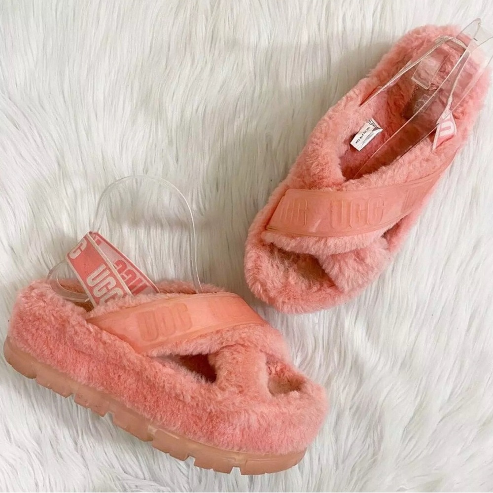 NWOB UGG Fuzzita Clear Cross Slide Slingback Platform Coral pink Sheepskin Sz 8